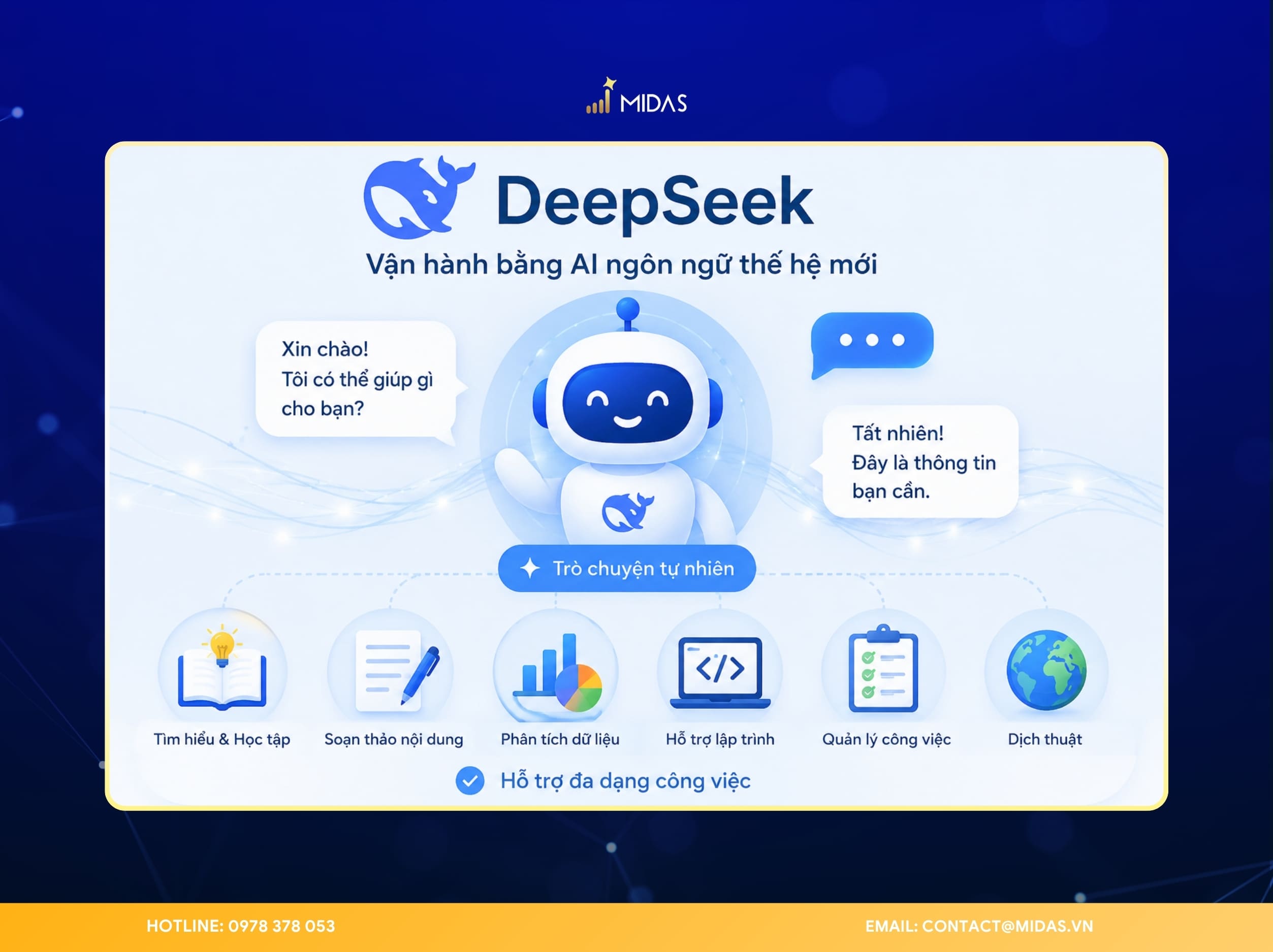 DeepSeek vận hành bằng AI ngôn ngữ thế hệ mới, giúp trò chuyện tự nhiên và hỗ trợ đa dạng công việc