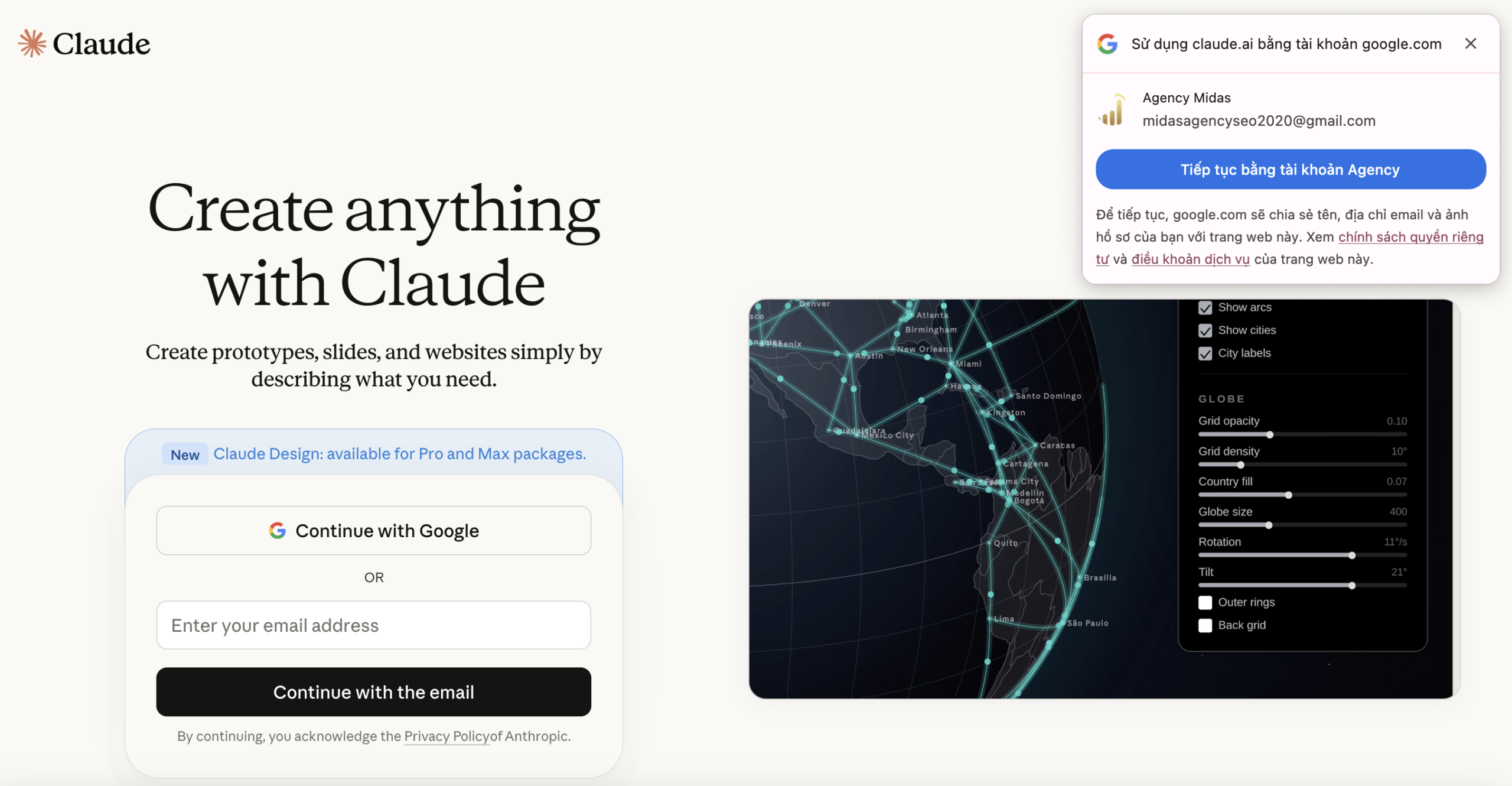 Bạn chọn "Continue with Google" ở vế tay trái hoặc "Tiếp tục bằng tài khoản này" ở vế tay phải để đăng nhập vào Claude AI