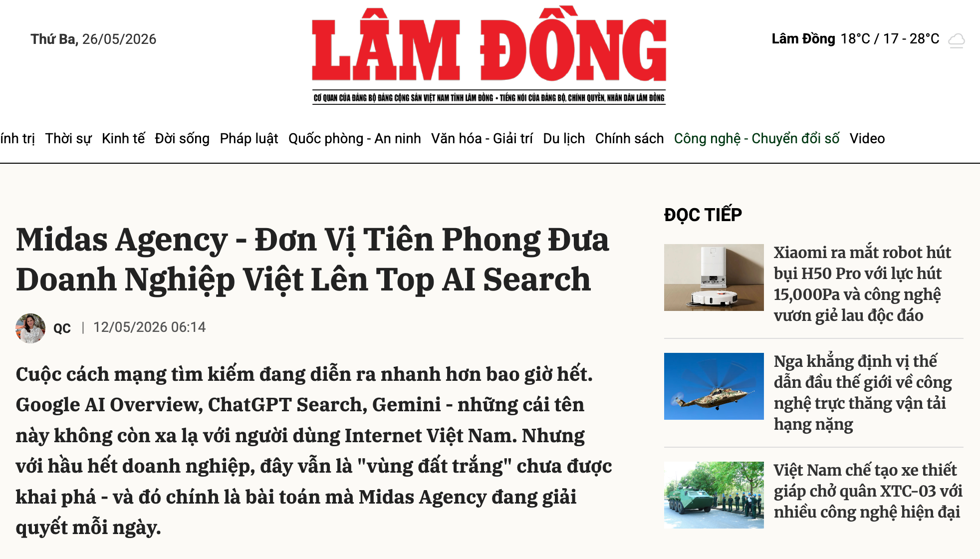 Midas Agency - Đơn Vị Tiên Phong Đưa Doanh Nghiệp Việt Lên Top AI Search - Báo Lâm Đồng