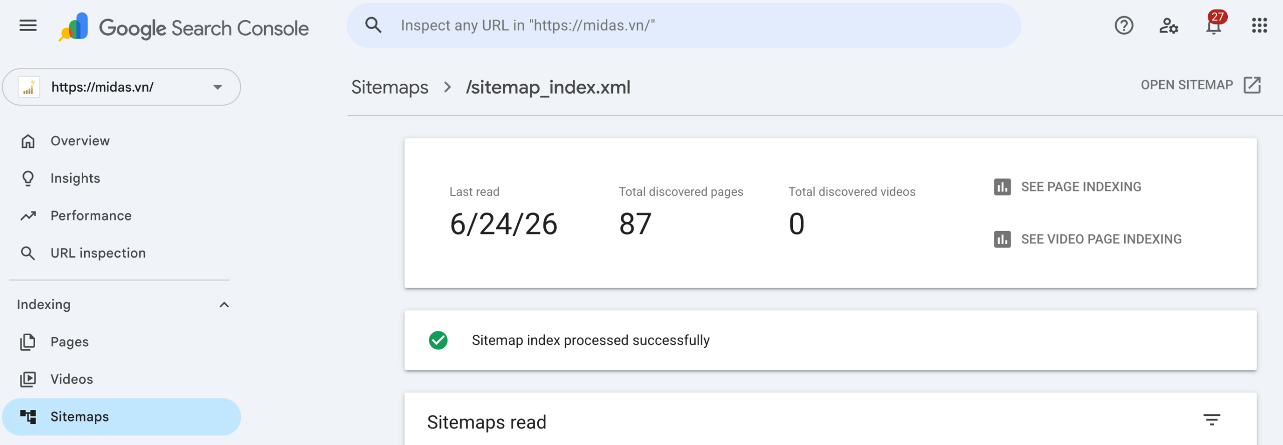 Hãy đảm bảo Sitemap luôn được index