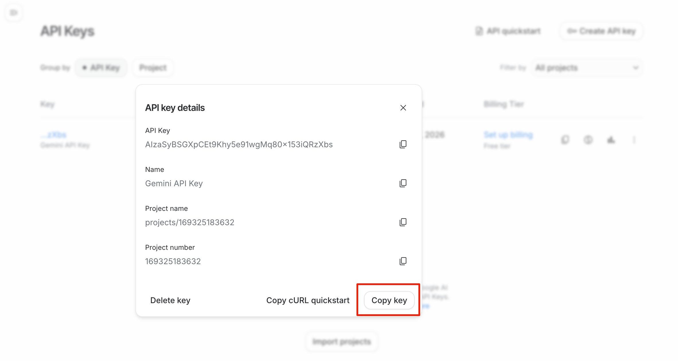 Bước 4: Sau khi chọn "Create key", một chuỗi mã ký tự hiện ra bạn bấm "Copy" để lưu lại