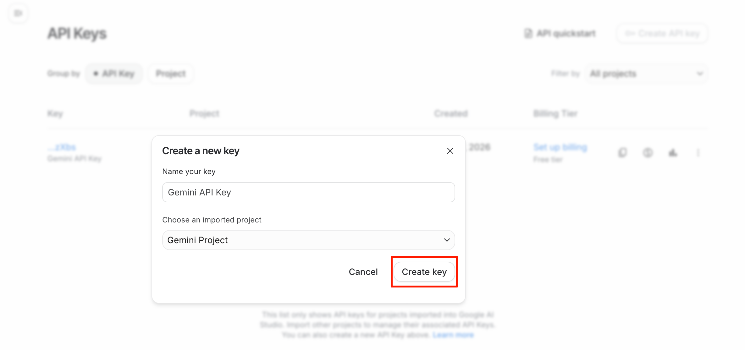 Bước 4: bạn nhập tên Project mong muốn và bấm chọn "Create key"