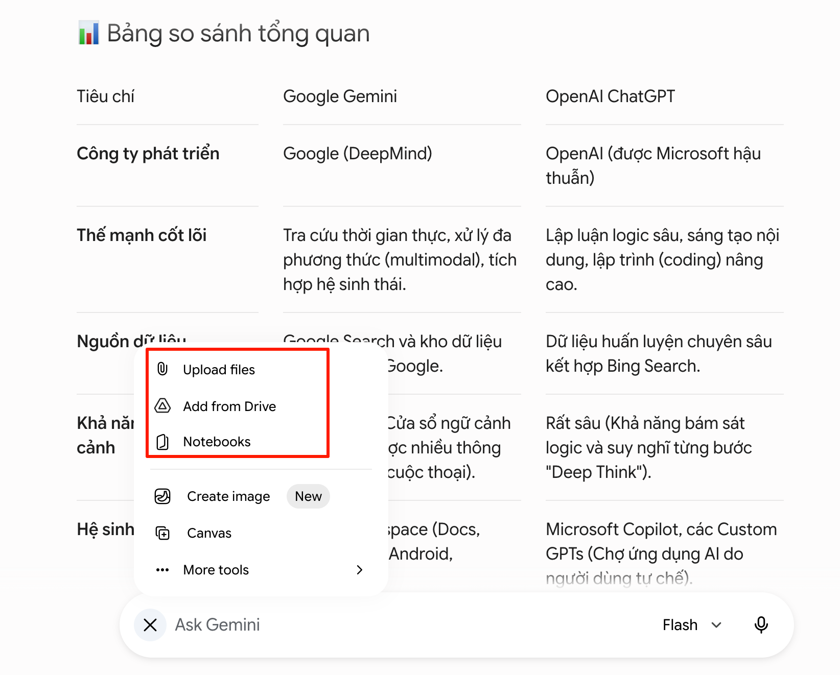 Thao tác click vào dấu cộng để tải tài liệu/video lên Gemini