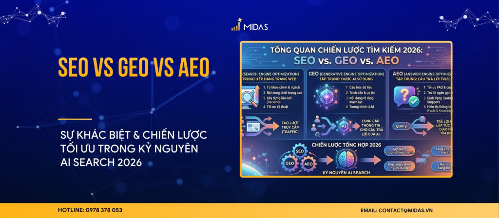 SEO vs GEO với AEO: Sự khác biệt & chiến lược tối ưu trong kỷ nguyên AI Search 2026