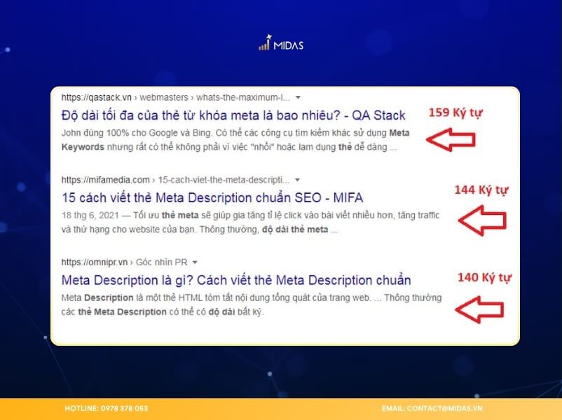 Meta Description hiển thị dưới tiêu đề trên Google có độ dài tối đa 160 ký tự