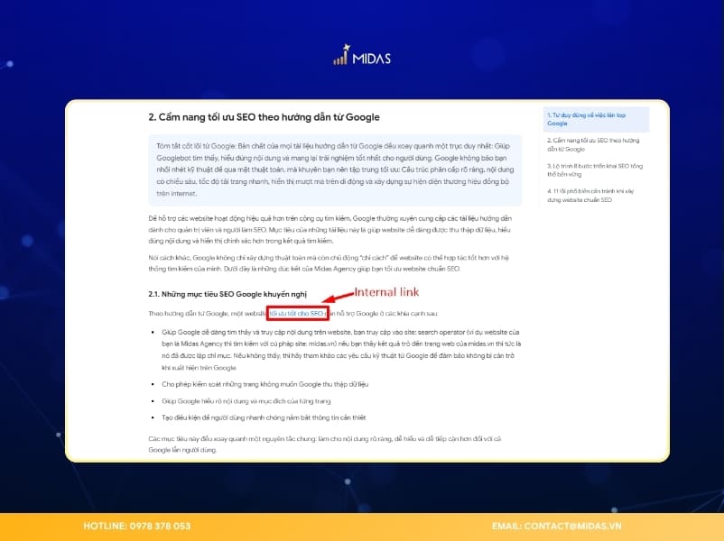 Internal Link cho bài tối ưu tốt cho SEO được sử dụng hợp lý