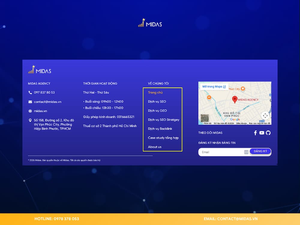 Footer Internal Link nằm ở chân trang giúp nâng cao khả năng tiếp cận các trang chính sách, thông tin doanh nghiệp và dịch vụ quan trọng.