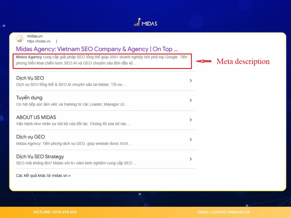 Meta description là đoạn mô tả ngắn xuất hiện dưới SEO title trên kết quả tìm kiếm