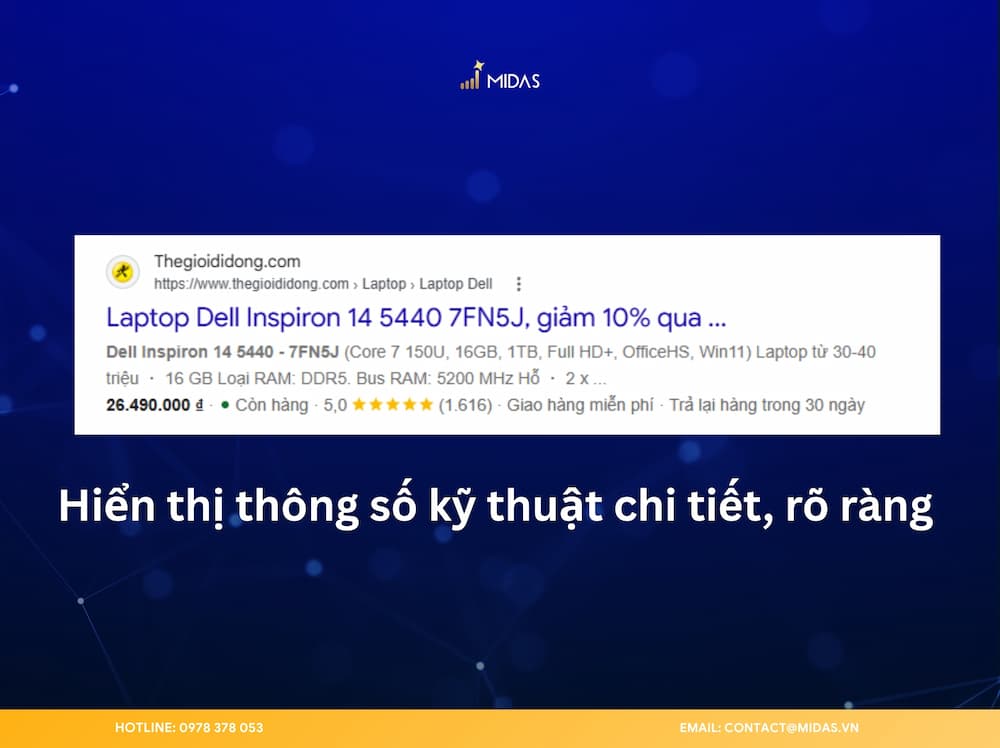 Nên kèm thông số kỹ thuật rõ ràng trong meta description cho các trang sản phẩm
