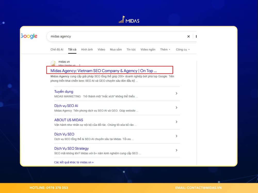 Tiêu đề SEO hiện trên kết quả tìm kiếm của Google về Midas