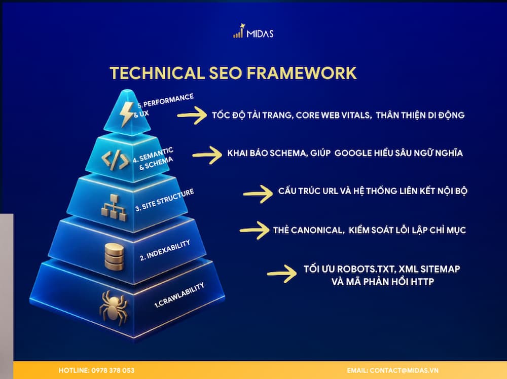 Framework 5 lớp Technical SEO từ Crawlability đến Performance & Experience. 