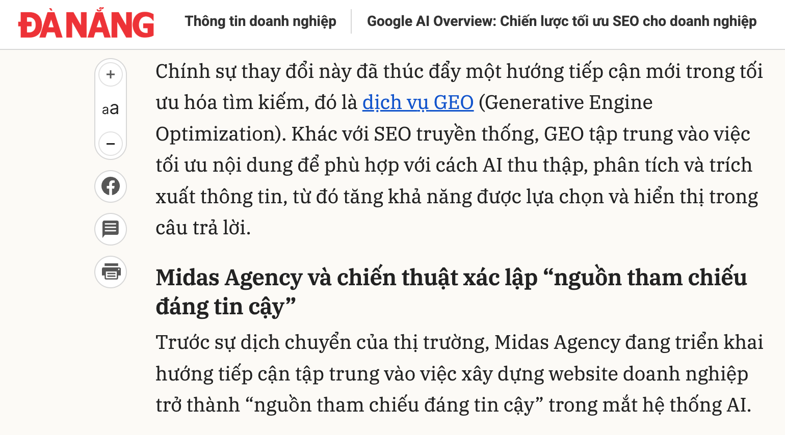 Báo Đà Nẵng: Midas Agency tiên phong chiến lược tối ưu SEO cho Google AI Overview