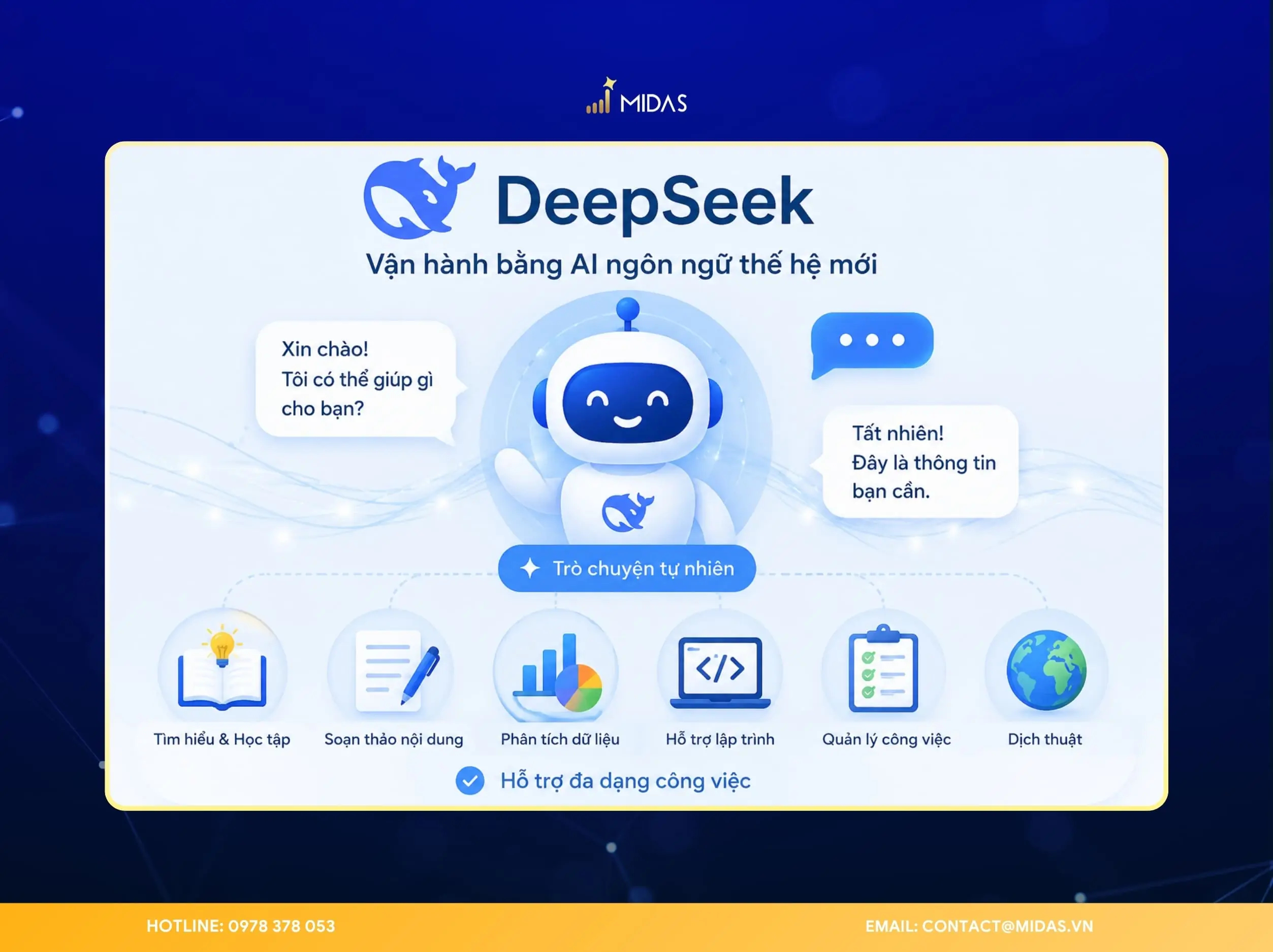 DeepSeek vận hành bằng AI ngôn ngữ thế hệ mới, giúp trò chuyện tự nhiên và hỗ trợ đa dạng công việc