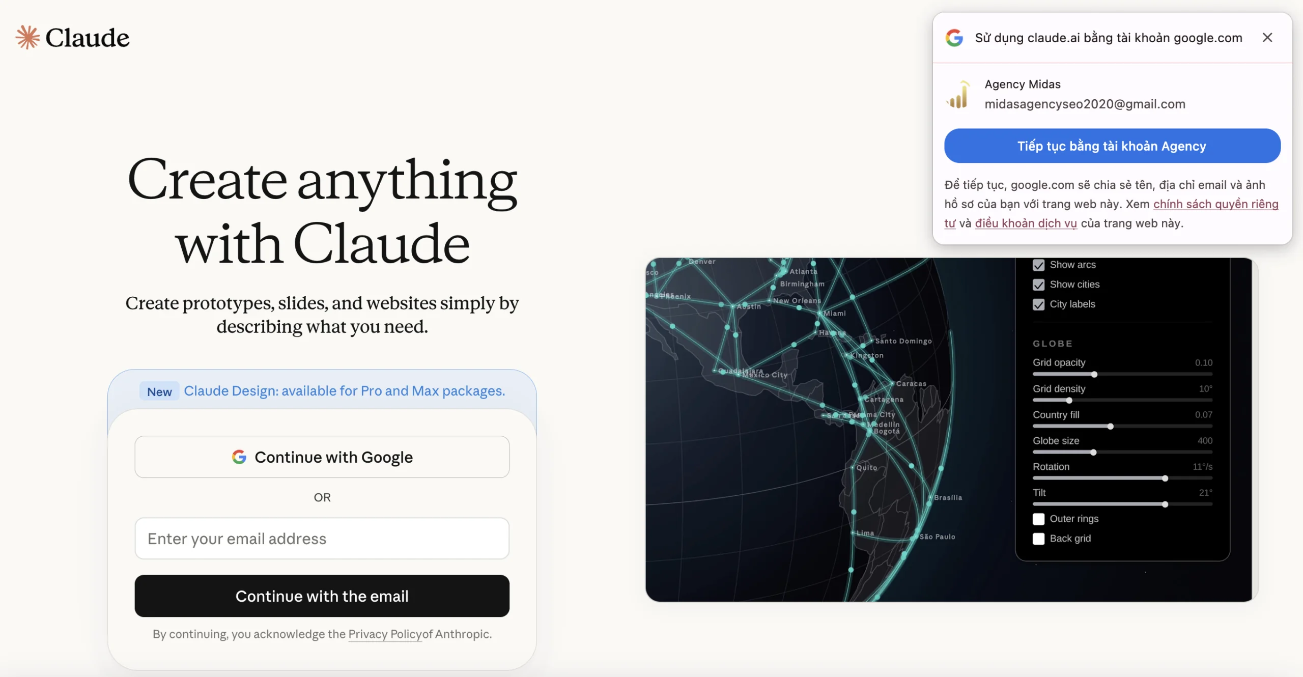 Bạn chọn "Continue with Google" ở vế tay trái hoặc "Tiếp tục bằng tài khoản này" ở vế tay phải để đăng nhập vào Claude AI