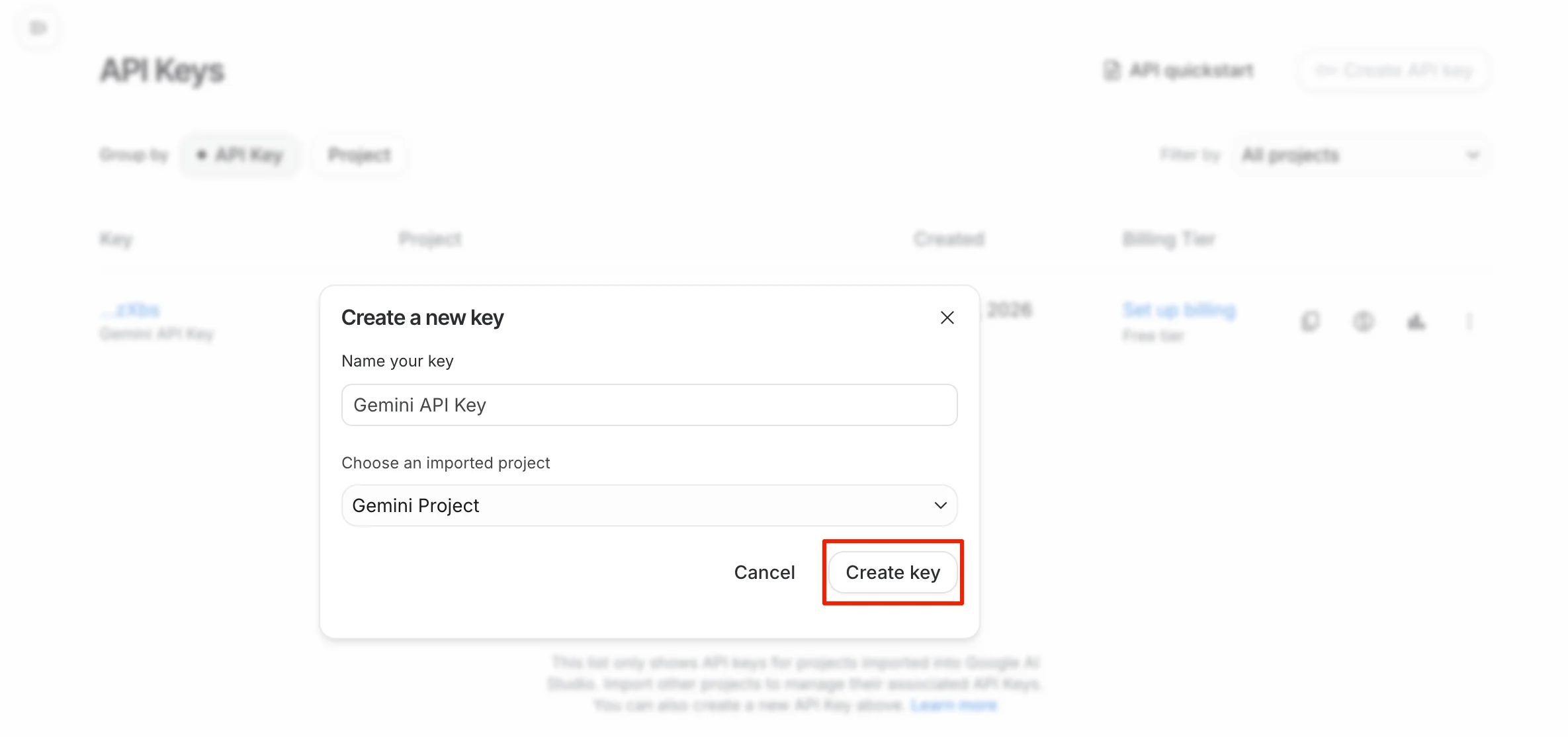 Bước 4: bạn nhập tên Project mong muốn và bấm chọn "Create key"