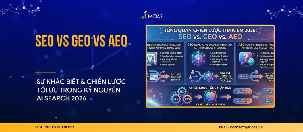 SEO vs GEO với AEO: Sự khác biệt & chiến lược tối ưu trong kỷ nguyên AI Search 2026