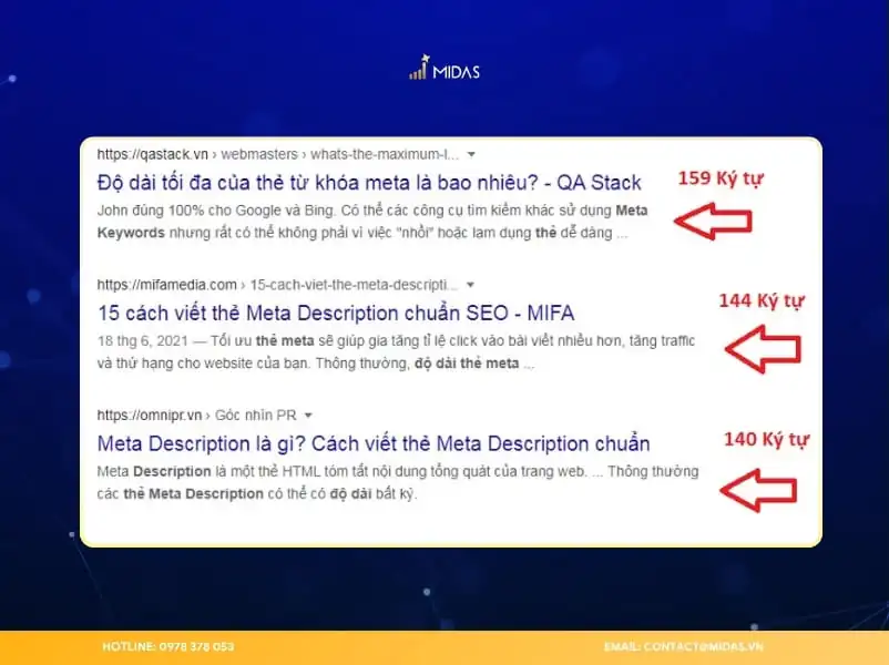 Meta Description hiển thị dưới tiêu đề trên Google có độ dài tối đa 160 ký tự